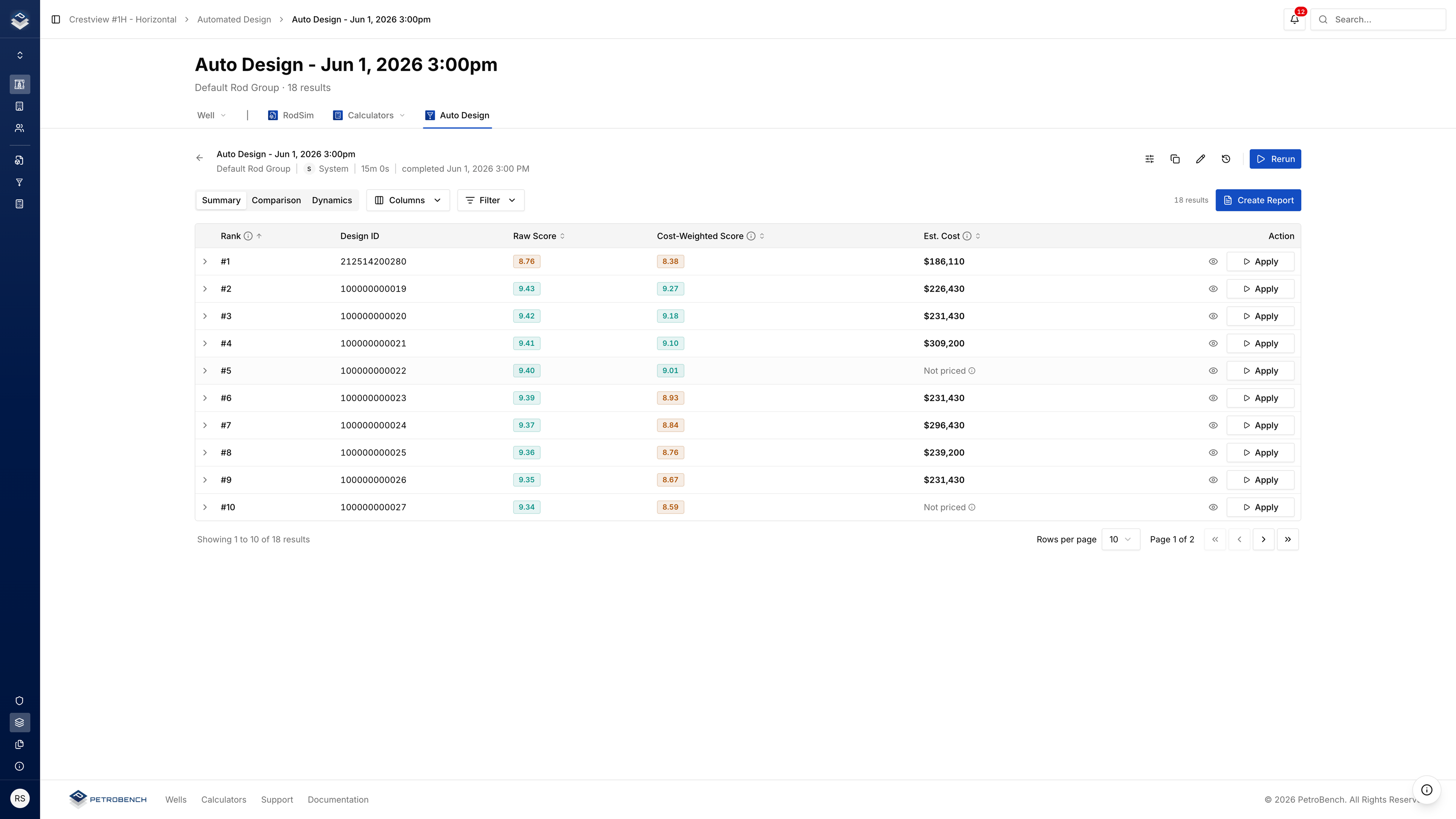 Ranked Automated Design results with scores and cost
