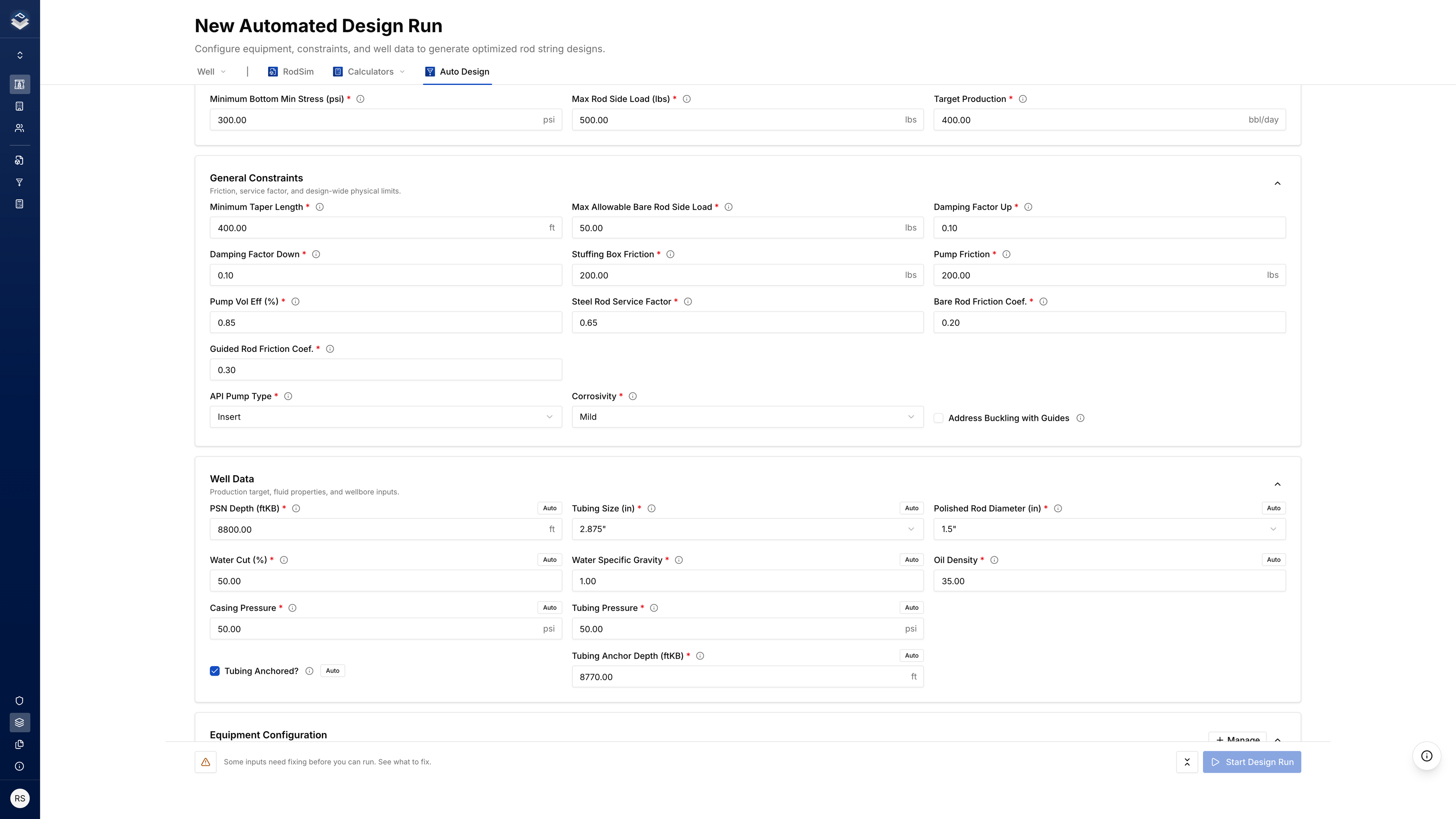 Automated Design run configuration with template and constraints