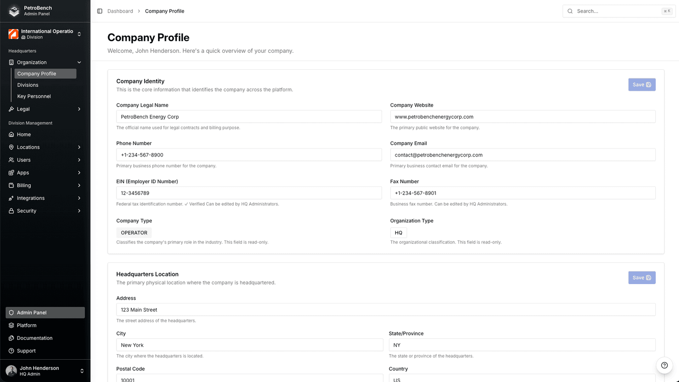 Company profile and organization settings in PetroBench admin
