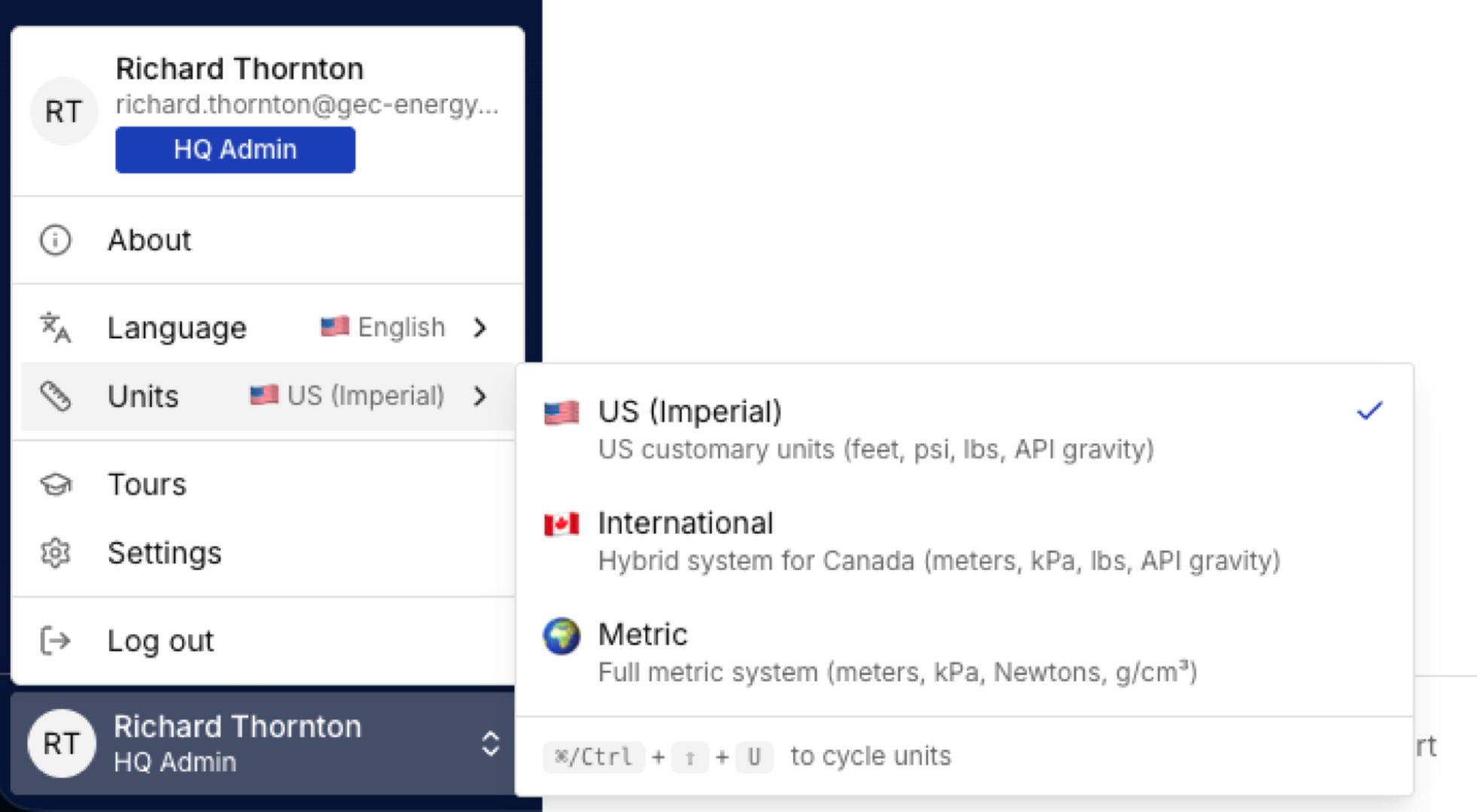 Menu lungsur pemilihan sistem unit
