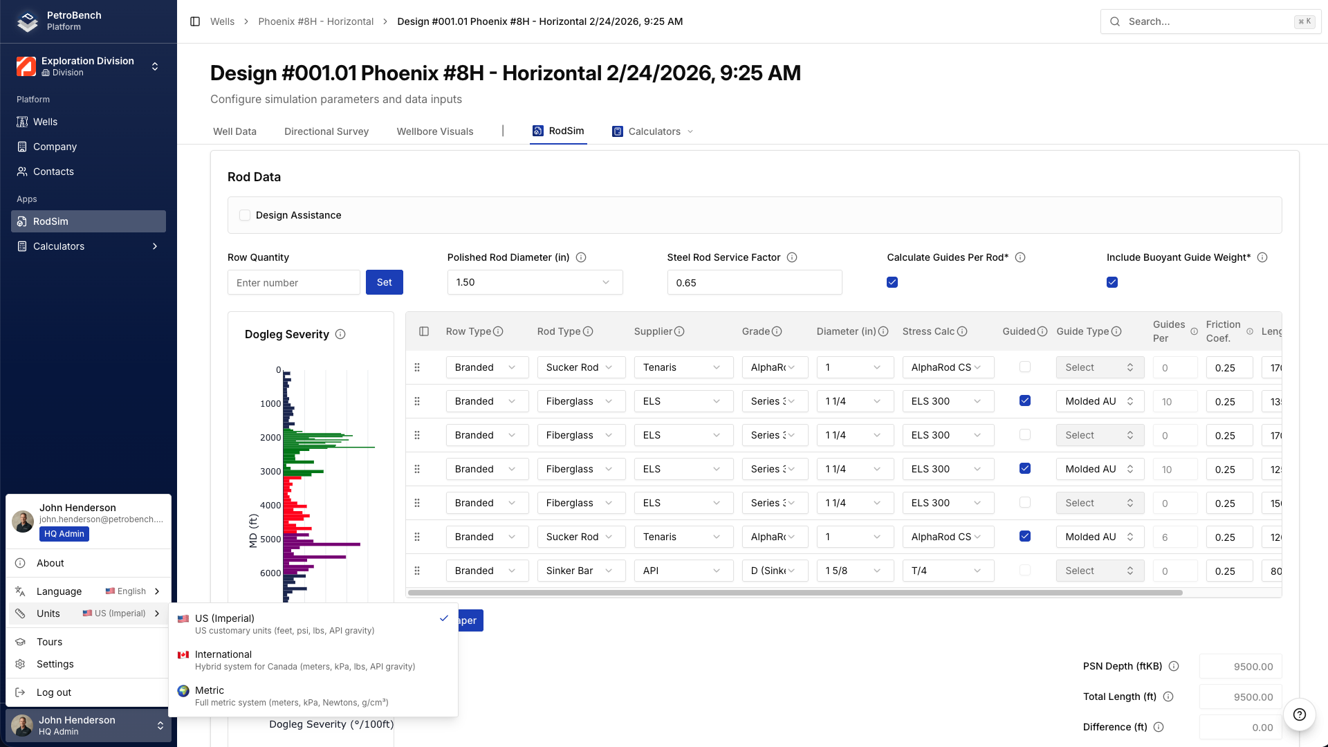 Antaramuka simulasi dengan unit Imperial AS digunakan